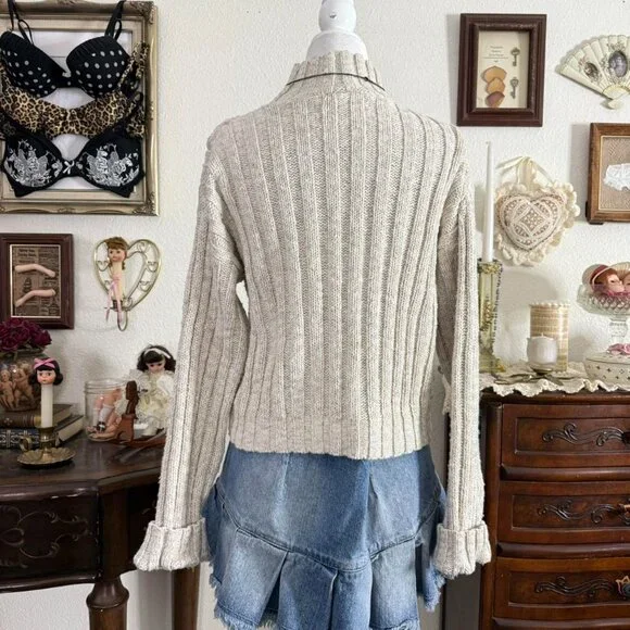 90s preppy girly grunge chunky knit cropped mock neck sweater - Picture 4 of 6